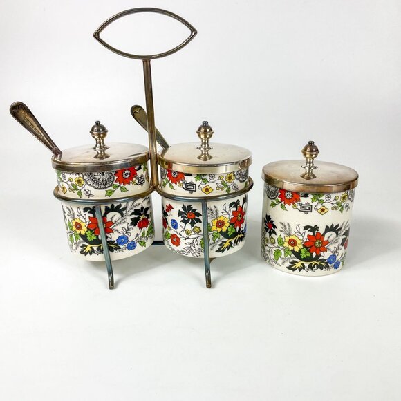 Royal Norfolk Staffordshire UK Condiment Jars Set Of 3 With Holder Spoons Floral - Picture 4 of 8